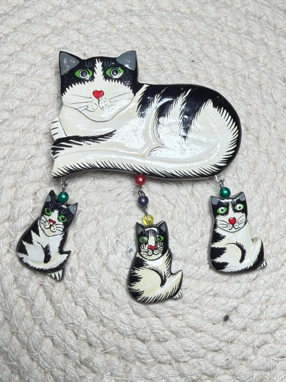 Handmade Cat Button Cover Vintage Black White 3 Dangling Kitty Cat Charms 3.5 in